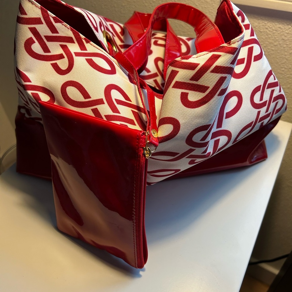 Red & White Patterned Tote Bag with Glossy Red Trim